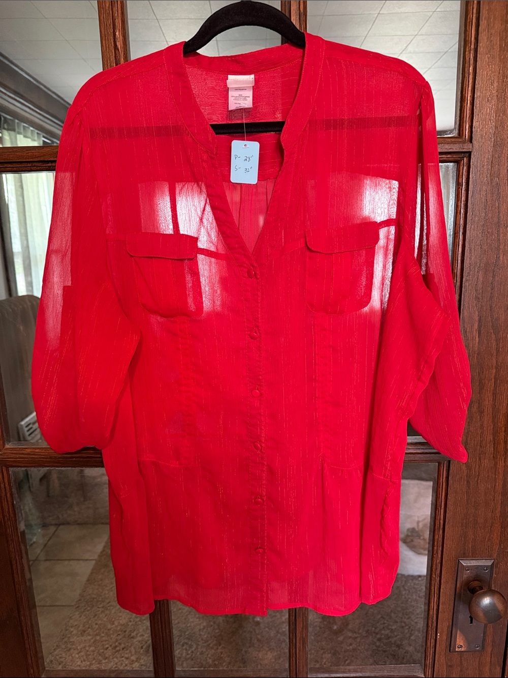 Just My Size Classic Red Shimmer Stripe Roll Tab Blouse 3X 22W-24W Shimmer Airy